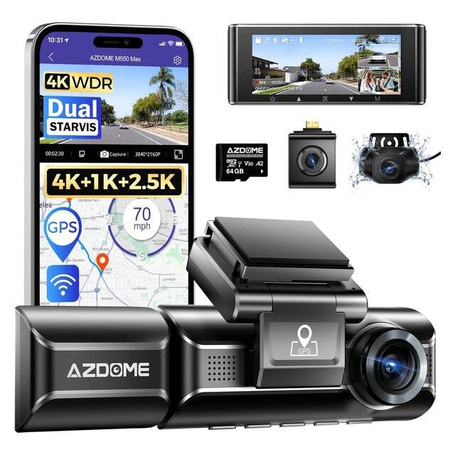 AZDome M550 Max Dash Cam 3‑Channel 4K with 64GB TF Card