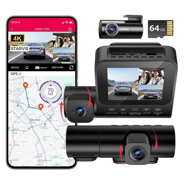 Lingdu V630 Dash Cam 3‑Channel 4K 64GB TF Card
